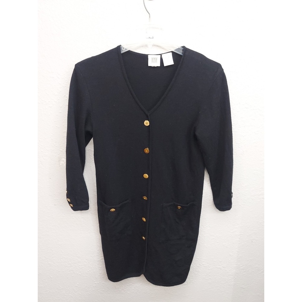 Vtg Madeleine Sweater Dress 10 Black Gold‎ Buttons Wool V Neck Pockets Career